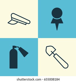 Instrument Icons Set. Collection Of Cop Cap, Firefighter, Scoop And Other Elements. Also Includes Symbols Such As Firefighter, Extinguisher, Location.