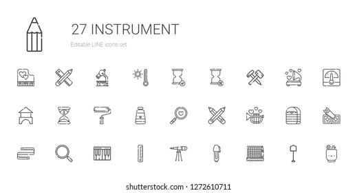 instrument icons set. Collection of instrument with cutting, pen, telescope, ruler, piano, loupe, measuring tape, trumpet, pencils, magnifying glass. Editable and scalable instrument icons.