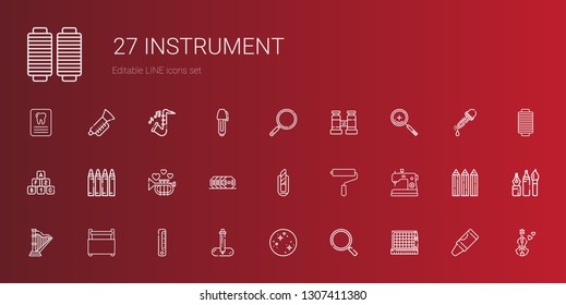 instrument icons set. Collection of instrument with cutting, loupe, mercury, pipette, ruler, toolbox, harp, sewing machine, paint roller. Editable and scalable instrument icons.