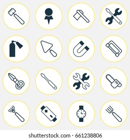 Instrument Icons Set. Collection Of Gasoline Cutter, Carpentry, Location And Other Elements. Also Includes Symbols Such As Scissors, Destination, Putty.