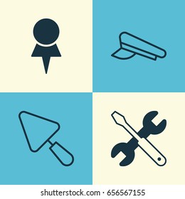 Instrument Icons Set. Collection Of Location, Putty, Screwdriver With Wrench And Other Elements. Also Includes Symbols Such As Putty, Wrench, Trowel.