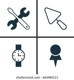 Instrument Icons Set. Collection Of Location, Timer, Putty And Other Elements. Also Includes Symbols Such As Screwdriver, Timer, Pin.