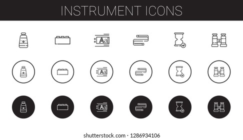 instrument icons set. Collection of instrument with oil paint, bricks, text editor, measuring tape, hourglass, binocular. Editable and scalable instrument icons.