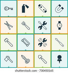 Instrument Icons Set. Collection Of Password, Location, Attraction And Other Elements. Also Includes Symbols Such As Shovel, Garden, Pincers.