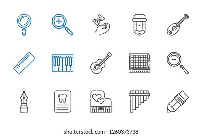 Instrument Icons Set. Collection Of Instrument With Pen, Flute, Piano, Dentist, Zoom Out, Cutting, Guitar, Ruler, Ukelele, Pencil, Hourglass. Editable And Scalable Instrument Icons.