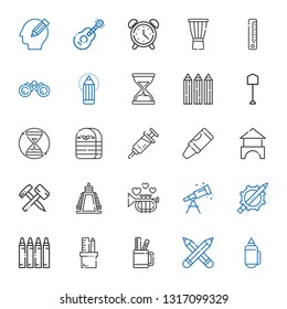 instrument icons set. Collection of instrument with pencil, pencils, pencil case, crayon, telescope, trumpet, weight, hammer, bricks, vaccine. Editable and scalable instrument icons.