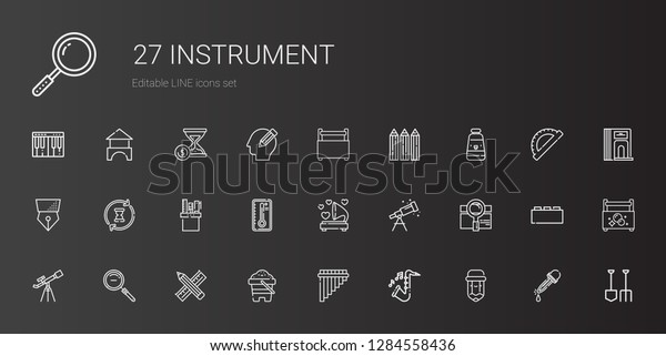 instrument icons\
set. Collection of instrument with pencil, saxophone, flute, sand,\
zoom out, telescope, search, gramophone, temperature. Editable and\
scalable instrument\
icons.