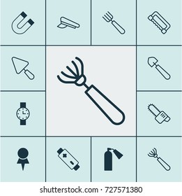 Instrument Icons Set. Collection Of Putty, Garden Fork, Carpentry And Other Elements. Also Includes Symbols Such As Shovel, Saw, Fire.