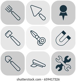 Instrument Icons Set. Collection Of Scoop, Cop Cap, Garden Fork And Other Elements. Also Includes Symbols Such As Wrench, Putty, Spatula.
