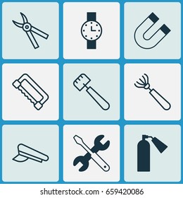 Instrument Icons Set. Collection Of Screwdriver With Wrench, Harrow, Spatula And Other Elements. Also Includes Symbols Such As Polarity, Screwdriver, Clock.