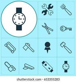 Instrument Icons Set. Collection Of Spanner, Garden Fork, Location And Other Elements. Also Includes Symbols Such As Accumulator, Access, Spatula.