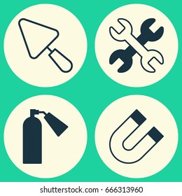 Instrument Icons Set. Collection Of Spanner, Attraction, Putty And Other Elements. Also Includes Symbols Such As Firefighter, Fire, Wrench.