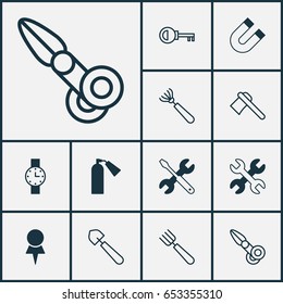 Instrument Icons Set. Collection Of Timer, Screwdriver With Wrench, Garden Fork And Other Elements. Also Includes Symbols Such As Fork, Magnet, Scissors.