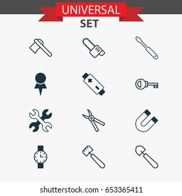 Instrument Icons Set. Collection Of Timer, Spatula, Tomahawk And Other Elements. Also Includes Symbols Such As Screw, Pruning, Hatchet.