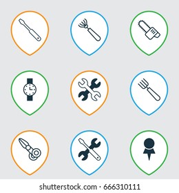 Instrument Icons Set. Collection Of Timer, Turn Screw And Other Elements. Also Includes Symbols Such As Garden, Clock, Pin.