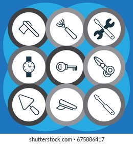 Instrument Icons Set. Collection Of Timer, Screwdriver With Wrench, Password And Other Elements. Also Includes Symbols Such As Cop, Hat, Harrow.