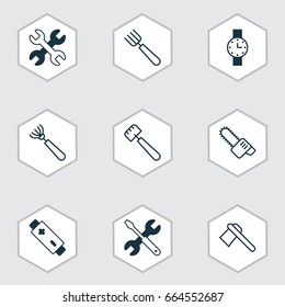 Instrument Icons Set. Collection Of Tomahawk, Spanner, Screwdriver With Wrench And Other Elements. Also Includes Symbols Such As Garden, Harrow, Axe.