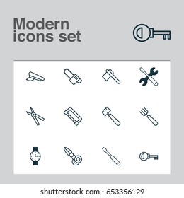 Instrument Icons Set. Collection Of Turn Screw, Password, Timer And Other Elements. Also Includes Symbols Such As Cap, Pitchfork, Axe.