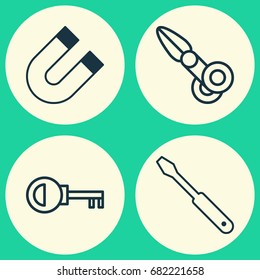 Instrument Icons Set. Collection Of Turn Screw, Attraction, Clippers And Other Elements. Also Includes Symbols Such As Screwdriver, Key, Tool.