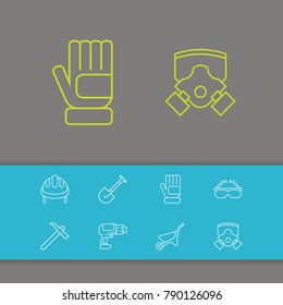 Instrument icons set with drill, respirator and helmet elements. Set of instrument icons and pushcart concept. Editable vector elements for logo app UI design.