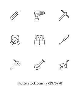 Instrument icons set with hammer, drill and respirator elements. Set of instrument icons and spade concept. Editable vector elements for logo app UI design.