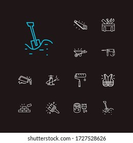 Instrument icons set. Hand saw and instrument icons with protective vest, metal hacksaw and shovel in soil. Set of drawing for web app logo UI design.