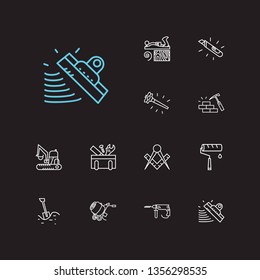 Instrument icons set. Masons square and instrument icons with concrete mixer, shovel in soil and jack plane. Set of drawing for web app logo UI design.