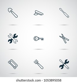 Instrument icons set with pincers, saw, shovel and other screwdriver with wrench elements. Isolated vector illustration instrument icons.