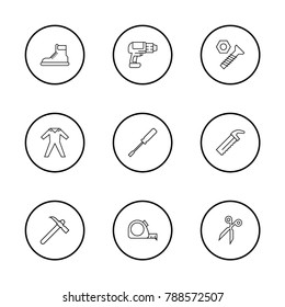 Instrument icons set with ppe, scissor and boots elements. Set of instrument icons and blade concept. Editable vector elements for logo app UI design.