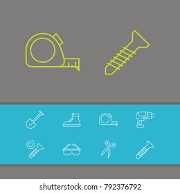 Instrument icons set with screw, boots and drill elements. Set of instrument icons and roulette tape concept. Editable vector elements for logo app UI design.