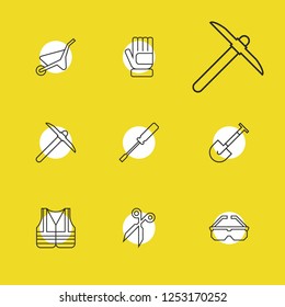 Instrument icons set with screwdriver, scissors and wheelbarrow elements. Set of instrument icons and digger  concept. Editable vector elements for logo app UI design.