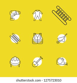 Instrument icons set with vest, drill and ppe elements. Set of instrument icons and pushcart concept. Editable vector elements for logo app UI design.