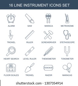 instrument icons. Trendy 16 instrument icons. Contain icons such as alarm, saw, maraca, metronome, trowel, ruler, screwdriver, stethoscope. instrument icon for web and mobile.
