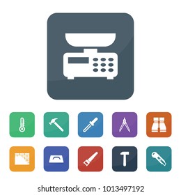 Instrument icons. vector collection filled instrument icons such as thermometer, binoculars, hammer, saw, stationery knife, compass, plastering, plastering trowel, pipette