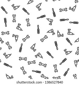 Instrument For Repair Seamless Pattern Vector. Wrench, Screwdriver And Drill For Repair Monochrome Texture Icons. Equipment For Loosening And Tightening Screws And Bolts Template Flat Illustration