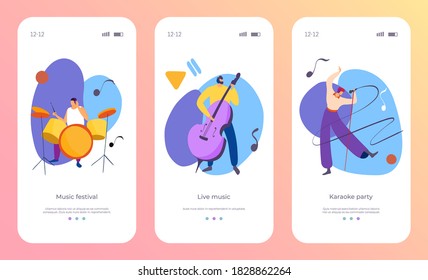 Instrument set cartoon app concept, vector illustration. Web mobile musical artist character play flat music at website screen page.People playing drums, cello and sing at show performance.