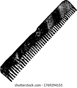 An instrument with teeth, for separating tangles, cleansing, and adjusting hair, wool, etc. Comb is used worldwide, almost by everyone, vintage line drawing or engraving illustration 