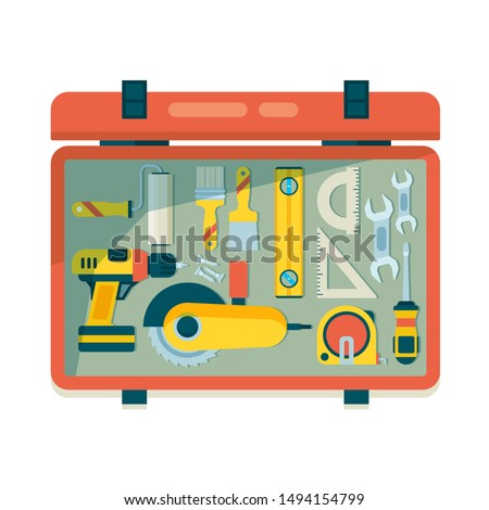 Instrument toolbox. Repair equipment for workers carpenter items with saw hammer roulette vector construction tools