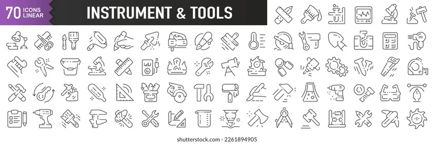 Instrument and tools black linear icons. Collection of 70 icons in black. Big set of linear icons