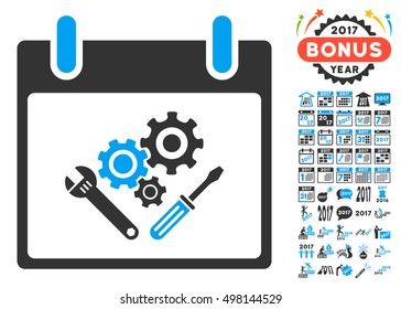Instrument Tools Calendar Day icon with bonus calendar and time management pictogram set. Vector illustration style is flat iconic symbols, blue and gray colors, white background.