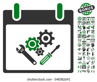 Instrument Tools Calendar Day icon with bonus calendar and time management design elements. Vector illustration style is flat iconic symbols, green and gray, white background.