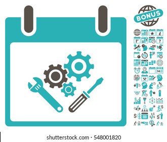 Instrument Tools Calendar Day pictograph with bonus calendar and time management clip art. Vector illustration style is flat iconic symbols, grey and cyan, white background.