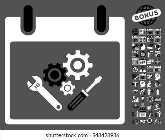 Instrument Tools Calendar Day pictograph with bonus calendar and time management graphic icons. Vector illustration style is flat iconic symbols, black and white, gray background.