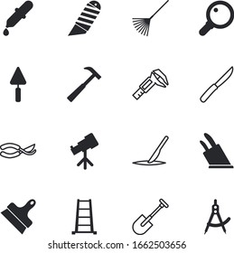 instrument vector icon set such as: spade, blueprint, wooden, razor, carpenter, ladder, clipper, rule, tube, folding, head, planting, success, plan, draw, caliper, project, planetarium, device