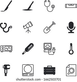 instrument vector icon set such as: soil, discover, colorl, maintenance, lab, scales, monitor, spade, bag, farm, mechanic, scientific, ultrasonography, frequency, look, repair, planetarium