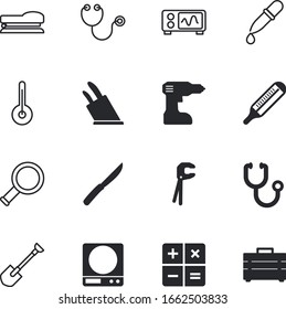 instrument vector icon set such as: screw, spade, accounting, checked, secretary, icons, oscillation, engineering, paperwork, decoration, meteo, garden, join, analysis, pipette, drilling, droplet