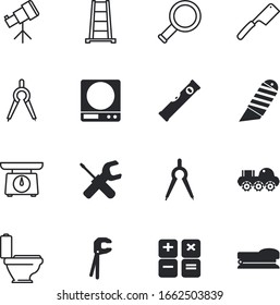 instrument vector icon set such as: observe, staple, medieval, tripod, moon, surface, rover, paperwork, dangerous, precision, exploration, planet, puncher, telescope, dark, position, renovation