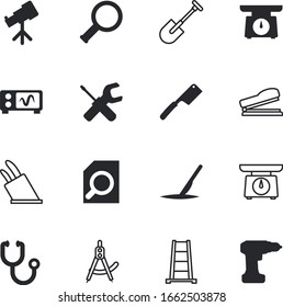 instrument vector icon set such as: high, agriculture, watching, surgeon, spyglass, heart, ladder, scoop, electrical, screen, laboratory, listen, plastic, sterilized, stationery, renovation