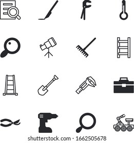 instrument vector icon set such as: planting, eye, light, dig, spy, options, warm, goal, caliper, seek, tripod, machine, calipers, toolkit, carpentry, pruning, trim, telescope, mobile, silhouette