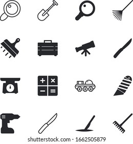 instrument vector icon set such as: operation, container, seek, spade, lunar, toolkit, discover, battery, surgical, household, computer, drilling, weigh, tripod, electric, San Francisco, education